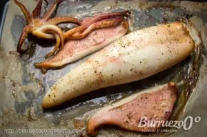 Tubo de calamar, aletas y tentaculos horneados durante 20 minutos.